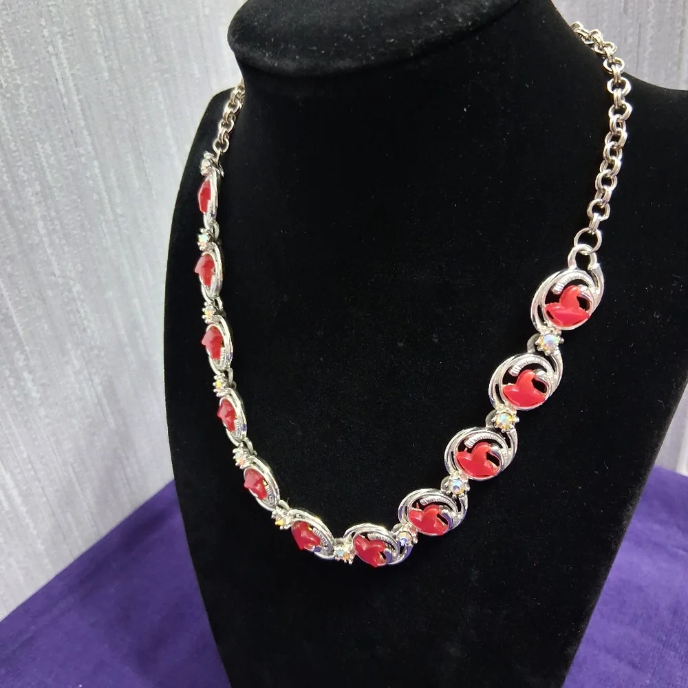 Vintage Charel Cherry Moonglow Necklace Thermoset Hook Closure Silvertone